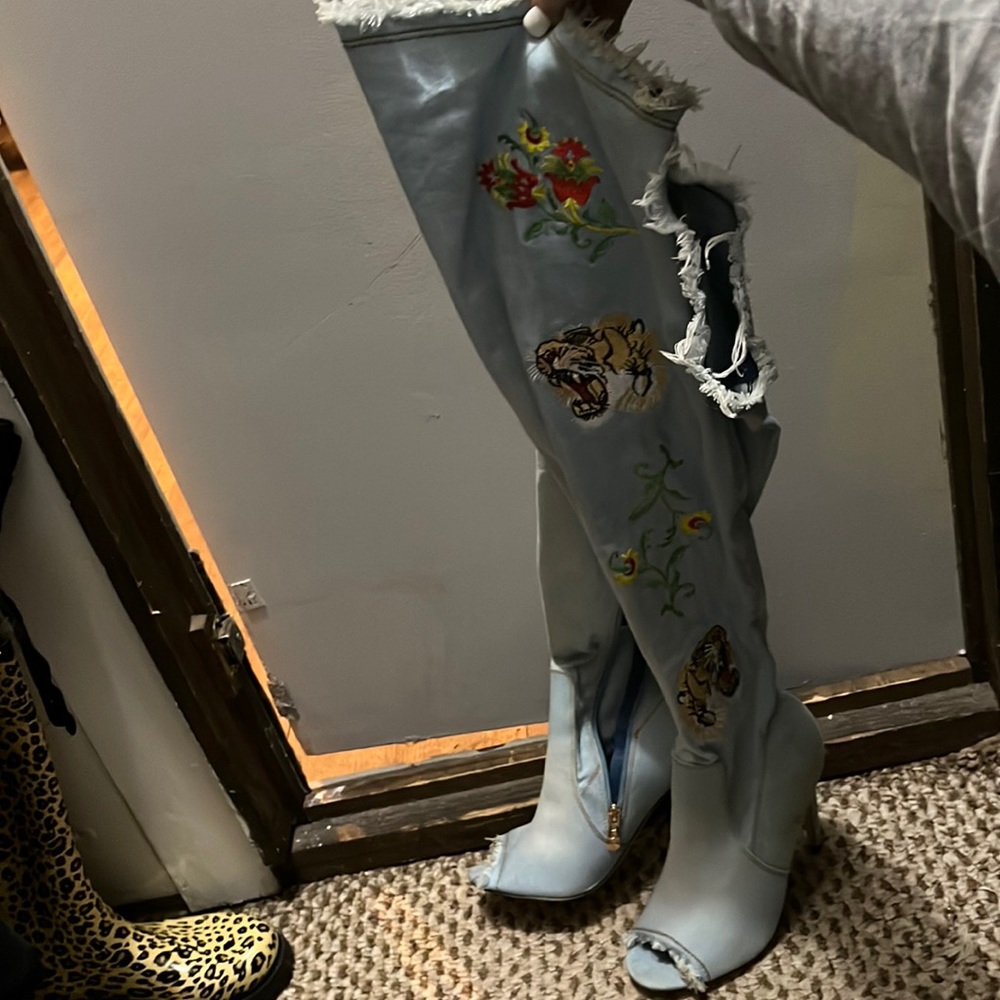 Knee high tiger denim high heel boots